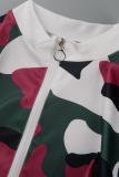 Red Street Camouflage Print Patchwork Turndown Collar Long Sleeve Two Pieces