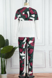 Red Street Camouflage Print Patchwork Turndown Collar Long Sleeve Two Pieces