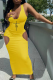 Yellow Street Print Hollowed Out U Neck Pencil Skirt Dresses