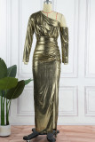 Gold Elegant Solid Patchwork Slit Oblique Collar Dresses