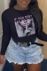 Black Street Vintage Print Patchwork Letter O Neck Tops