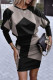 Black Gray Casual Print Patchwork O Neck One Step Skirt Dresses