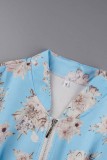 Sky Blue Casual Print Patchwork Cardigan Outerwear
