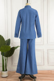 Blue Casual Solid Hollowed Out Patchwork Turndown Collar Long Sleeve Two Pieces