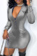Grey Casual Letter Patchwork Zipper Collar Long Sleeve Dresses