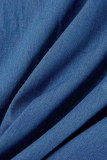 Blue Casual Solid Hollowed Out Patchwork Turndown Collar Long Sleeve Two Pieces
