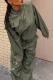 Army Green Street Solid Draw String Zipper Collar Tops