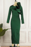Ink Green Elegant Solid Patchwork Flounce O Neck One Step Skirt Dresses