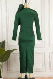 Ink Green Elegant Solid Patchwork Flounce O Neck One Step Skirt Dresses