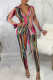 Rose Red Sexy Print Bandage Patchwork Buckle Turndown Collar Long Sleeve Two Pieces
