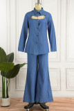 Blue Casual Solid Hollowed Out Patchwork Turndown Collar Long Sleeve Two Pieces