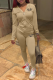 Khaki Street Print Draw String Hooded Collar Long Sleeve Two Pieces