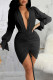 Black Sexy Solid Patchwork Draw String Fold V Neck Pencil Skirt Dresses