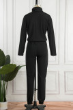 Deep Blue Street Solid Patchwork Zipper Collar Long Sleeve Two Pieces