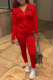 Red Street Print Draw String Hooded Collar Long Sleeve Two Pieces