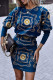 Blue Casual Print Patchwork O Neck One Step Skirt Dresses