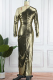 Gold Elegant Solid Patchwork Slit Oblique Collar Dresses