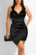 Black Sexy Solid Patchwork Asymmetrical Spaghetti Strap Sling Dress Dresses