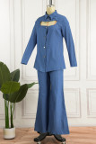 Blue Casual Solid Hollowed Out Patchwork Turndown Collar Long Sleeve Two Pieces