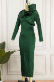 Ink Green Elegant Solid Patchwork Flounce O Neck One Step Skirt Dresses