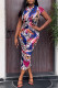 Blue Casual Print Fold O Neck Short Sleeve Dress