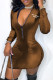 Coffee Casual Letter Patchwork Zipper Collar Long Sleeve Dresses