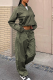 Army Green Street Solid Draw String Zipper Collar Long Sleeve Two Pieces