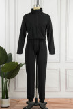 Deep Blue Street Solid Patchwork Zipper Collar Long Sleeve Two Pieces