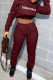 Burgundy Casual Print Patchwork Hooded Collar Long Sleeve Two Pieces