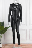Black Sexy Solid Bandage Patchwork V Neck Regular Jumpsuits