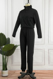 Deep Blue Street Solid Patchwork Zipper Collar Long Sleeve Two Pieces