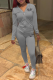 Grey Street Print Draw String Hooded Collar Long Sleeve Two Pieces