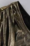 Gold Elegant Solid Patchwork Slit Oblique Collar Dresses