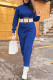 Blue Casual Solid Patchwork Turtleneck Straight Dresses(Without Belt)