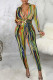 Orange Sexy Print Bandage Patchwork Buckle Turndown Collar Long Sleeve Two Pieces