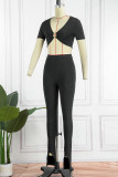 Black Sexy Casual Solid Patchwork V Neck Long Sleeve Two Pieces