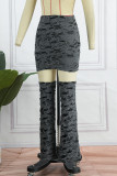 Grey Black Sexy Solid Ripped Off the Shoulder Short Sleeve Three Pieces