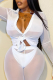 White Sexy Solid See-through Mesh Turndown Collar Tops
