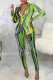 Green Sexy Print Bandage Patchwork Buckle Turndown Collar Long Sleeve Two Pieces