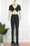 Black Sexy Casual Solid Patchwork V Neck Long Sleeve Two Pieces