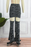 Grey Black Sexy Solid Ripped Off the Shoulder Short Sleeve Three Pieces