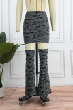Grey Black Sexy Solid Ripped Off the Shoulder Short Sleeve Three Pieces