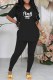 Black Casual Print Letter V Neck Short Sleeve Two Pieces