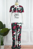 Red Street Camouflage Print Patchwork Turndown Collar Long Sleeve Two Pieces