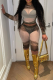Brown Sexy Print See-through Mesh O Neck Three Quarter Two Pieces