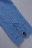 Blue Casual Solid Hollowed Out Patchwork Turndown Collar Long Sleeve Two Pieces