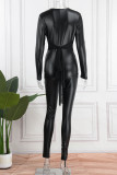 Black Sexy Solid Bandage Patchwork V Neck Regular Jumpsuits