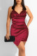 Burgundy Sexy Solid Patchwork Asymmetrical Spaghetti Strap Sling Dress Dresses