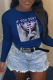 Navy Blue Street Vintage Print Patchwork Letter O Neck Tops