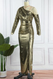Gold Elegant Solid Patchwork Slit Oblique Collar Dresses